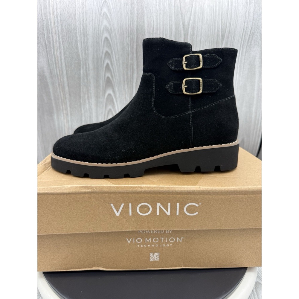 Vionic Carissa Womens Size 7 M Black Suede Ankle Boots Dual Buckle Booties NEW